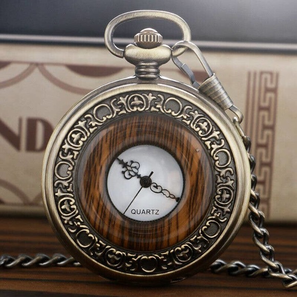 Woodgrain Pocket Watch NEW Hollow Cutout Quartz Vintage Bronze Watch Chain - Picture 1 of 4
